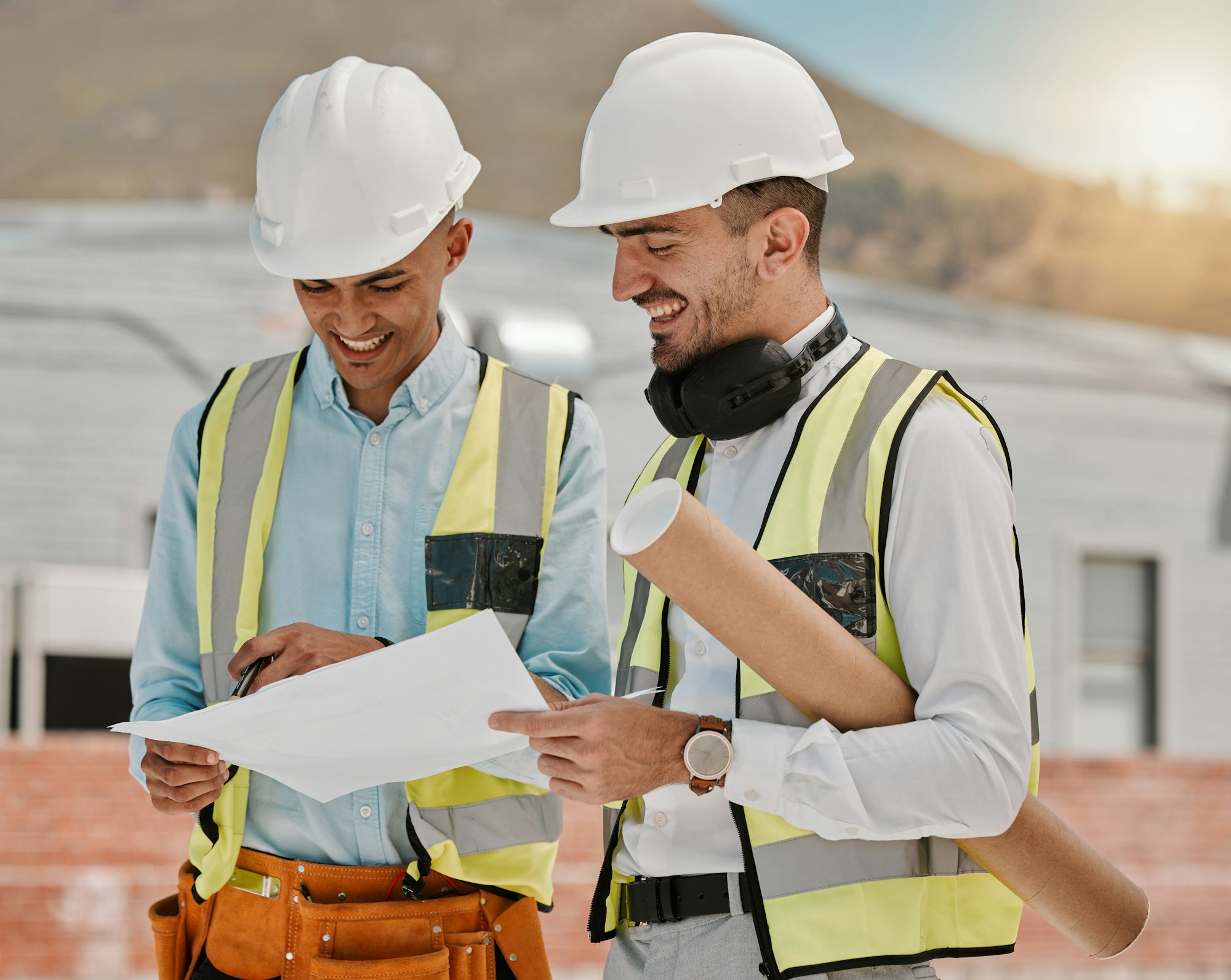 Architecture blueprint, construction site and happy people teamwork on development project, floor p